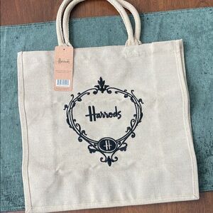 Harrods Natural Canvas Tote with Black Embroidery